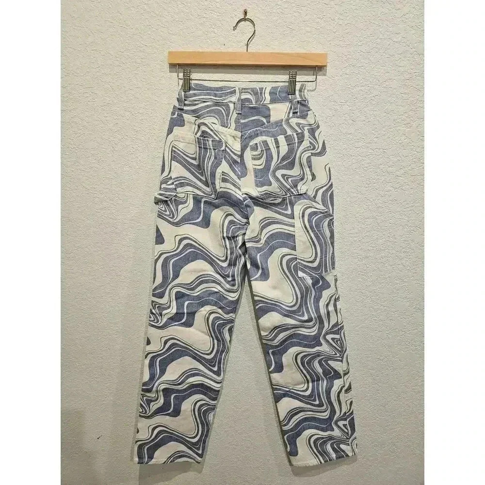 PacSun Women's Wide Leg Pants in White and Blue Swirl Print - Picture 2 of 3